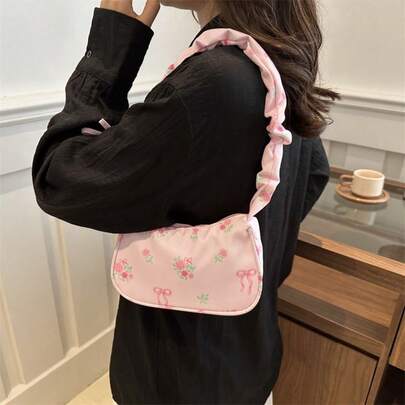 1pc Mini Women's Casual Bag, Bow Pattern Underarm Bag, Portable Small Fabric Bag, Lightweight Travel Purse For Women