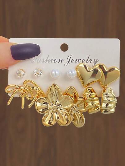 Set de 12 piezas de aretes en forma de corazón, flor y lazo con perlas y cristales de Rhinestone 2026, diseño de lujo minimalista y personalizado, adecuado para uso diario