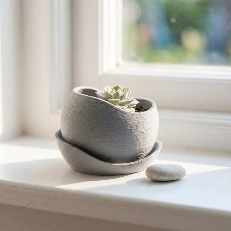 现代倾斜式多肉植物花盆，带托盘，简约椭圆形室内仙人掌和小植物盆栽，适用于桌面、窗台、家居和办公室装饰，黑/白/灰