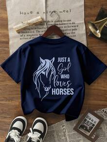女士时尚夏季圆领短袖T恤，休闲百搭。马术主题休闲风格，“Just A Horse Lover”英文字母印花图案，适合街头、休闲、聚会、派对等各种场合。 - 藏青 - 查看 5