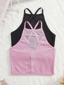 2pcs Contrast Color Mesh Cropped Backless Top, Sexy Sheer Criss-Cross Backless Deep V Spring/Summer Knit Camisole - Multicolor - View 3