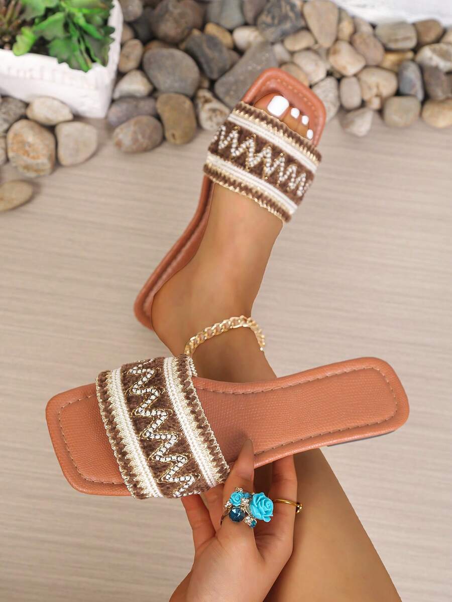 1 par de sandalias planas con tiras trenzadas para mujer, sandalias de playa de moda casual de verano con punta abierta - Marrón Mocha - Ver 1