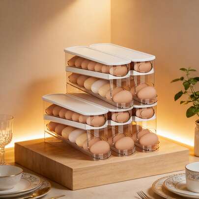 1pc Double-Deck Rotating Egg Storage Box, Space-Saving Fridge Side Door Storage, Durable Plastic, Battery-Free, Perfect For Home, Kitchen Storage, Organization, And Accessories