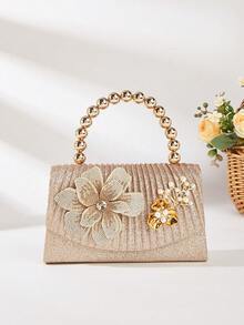 闪亮褶皱晚宴包，饰以水钻花朵和珍珠手柄——婚礼和派对的完美之选 - 金色 - 查看 4