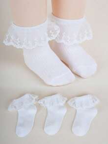 3 Pairs White Lace Trim Socks, Soft Mesh Grid, Suitable For All Seasons, School Style Baby & Girls Dance Socks - White - View 11