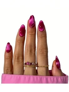 Monina 24pcs Asymmetrical Line Design Watermelon Pink Almond Bubble Wear Fake Nails, Elegant Chic Versatile Fashionable Nails, Ideal Gift For Women - Hot Pink - View 4