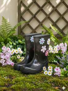 Girls' High-Top Rain Boots, Waterproof, Floral Print, Pastel Colors, Non-Slip, Comfortable - 透明煙熏 - 查看 2
