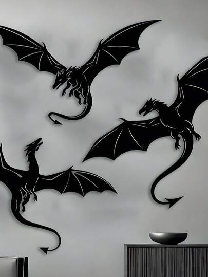 3pcs Set Metal Dragon Wall Art Sculpture - Modern Laser Cut Wrought Iron Vertical Dragon Wall Decor, Suitable For Indoor And Outdoor, Home, Garden, Balcony - Elegant Housewarming Gift, Art Piece (Dragon Theme)