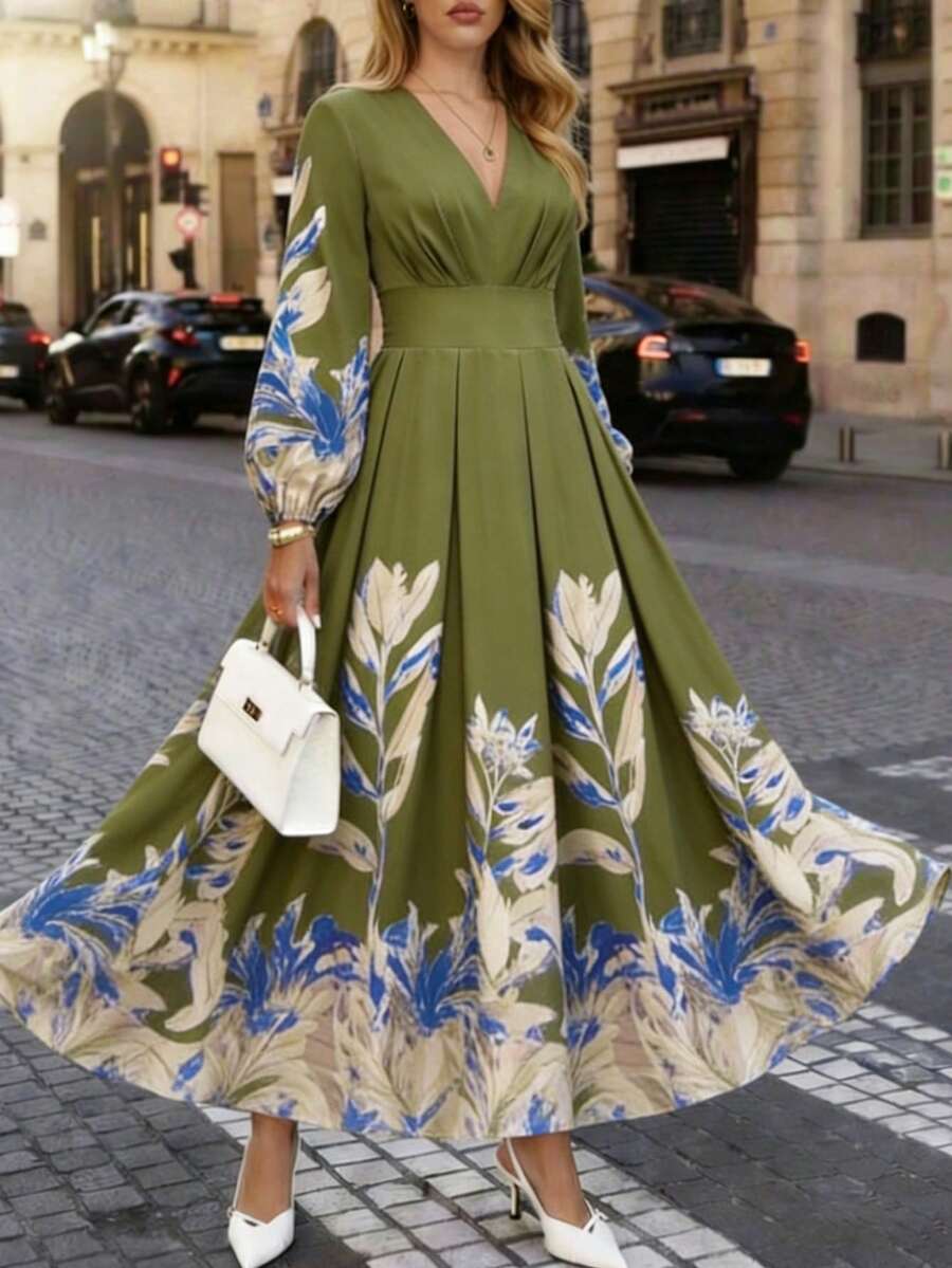 Vestido elegante bohemio de vacaciones con estampado floral y de hojas para mujer - Verde - Ver 1