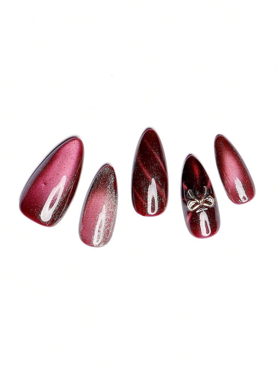 10片/套 手工美甲 短款杏仁形亮面猫眼按压式美甲贴片，闪亮猫眼假指甲，带3D蝴蝶结装饰设计，适合女性参加节日、休闲、日常生活等场合。 - 彩色 - 查看 1