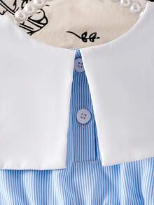 女婴温柔航海风领口3D蝴蝶结条纹无袖连衣裙，夏季 - 藍色 - 查看 5