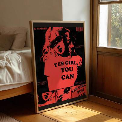 1幅复古朋克风女孩墙画，配以励志名言“是的，女孩，你可以！”帆布印刷油画|复古Y2K现代抽象肖像装饰画，适用于卧室、宿舍、客厅或办公室家居装饰，前卫的红黑海报，酷女孩礼物，可选择无框或有框