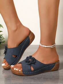Sandal đế bằng nữ với họa tiết hoa 3D, đế dày, siêu nhẹ, sandal đế xuồng phong cách bohemian cho kỳ nghỉ và hoạt động ngoài trời. - Màu xanh hải quân - Xem 3