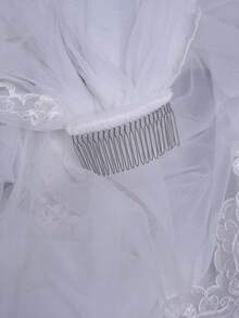 1件白色教堂式蕾丝边新娘头纱，适合婚礼、婚纱摄影配饰，附赠发梳 - 多色-- - 查看 5