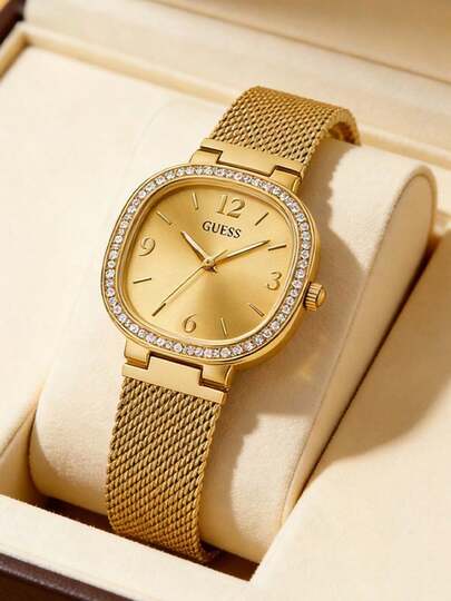 Guess Reloj de cuarzo analógico de lujo con esfera acolchada, bisel de cristal de imitación y correa de malla dorada para mujer, accesorio de moda para fiesta, cita, regalo de aniversario