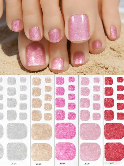 110PCS Glitter Full Wrap Toenail Polish Stickers- Self-Adhesive Solid Color Full Coverage For Spring & Summer, 5 Sheets Shiny Pink, Red, Rose Pink, Gold & Silver Self-Adhesive Nail Wraps For Women | Easy-To-Apply, Perfect For At-Home Manicures & Vacation Nail Decor