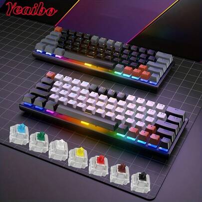 60% 便携式机械 LED 背光 63 键迷你有线办公键盘，青轴，兼容 Windows 笔记本电脑，黑白配色