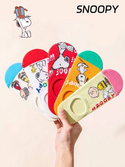  5 pares de calcetines tipo náutico genuinos con diseño de Snoopy para hombres, calcetines deportivos, calcetines invisibles lindos con diseño de Snoopy, calcetines casuales de tripulación resistentes al olor y que absorben la humedad, adecuados para estudiantes/adultos como regalo o uso diario