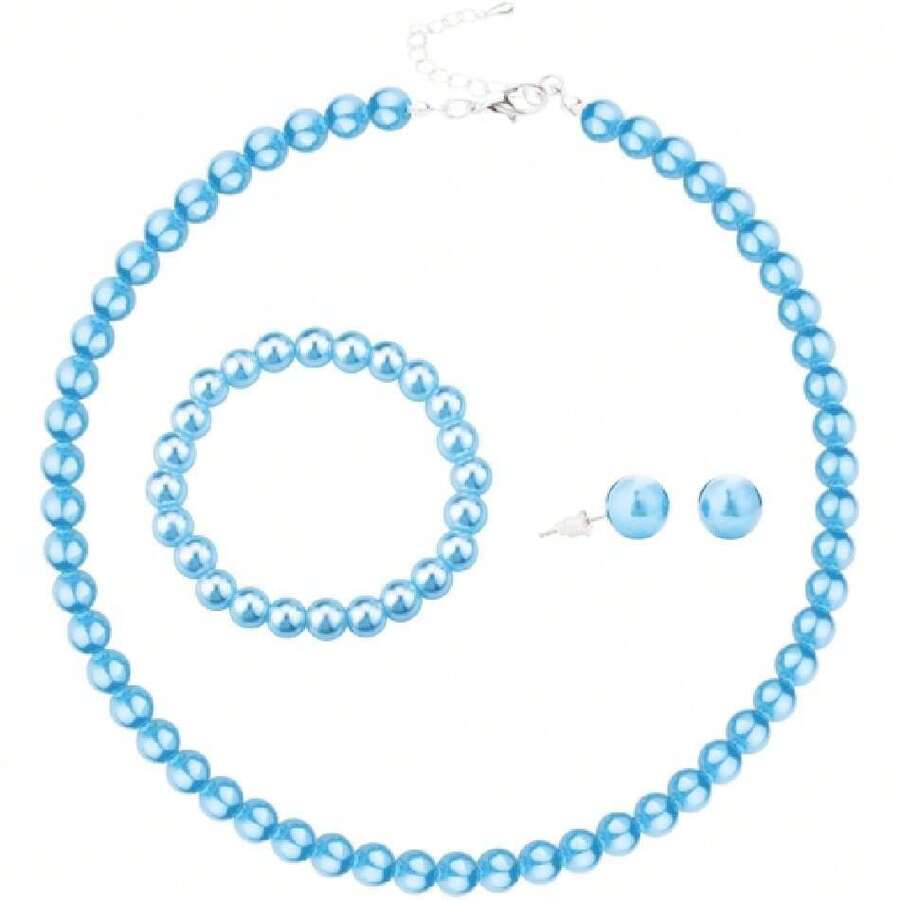 3Pcs Simulated Multicolor Pearl Necklace Earrings Bracelet Set Imitation Pearl Beads Strand Elegant Bridal Wedding Birthday Valentine Vintage Costume Jewelry For Women,41555158 - Màu xanh lam - Xem 1