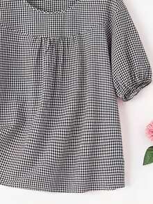 女士优雅宽松格子衬衫，百搭休闲圆领上衣，半袖设计，夏季款 - 黑與白 - 查看 5