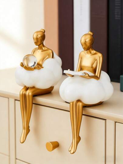1pc Modern Gold & White Resin Sculpture - Elegant Lady Cloud Crystal Ball Decor | Living Room Bedroom Office Desk Bookshelf Decoration | Contemporary Home Decor, Aesthetic Room Styling, Art Lover Gift, Minimalist Desktop Ornament To Enhance Interior Design