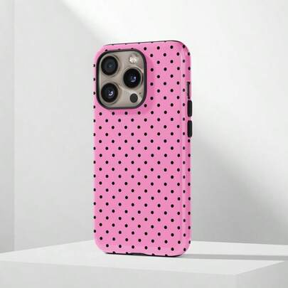 Cute Pink Black Polka Dot Fashion Pink Base Black Polka Dot Phone Case, Cute Y2K Style. Compatible With IPhone 17, 16, 15, 14, 13, 12, 11 Pro Max Plus Models, International Version, Not The Domestic Version Spring Birthday