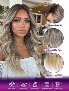 22英寸棕色至灰金色至金色渐变混色波浪卷发假发，女士款，机器制造，耐热合成假发，适合日常及约会之夜。 - 挑染金色 - 查看 7