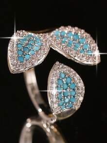 1枚奢华叶形设计蓝色立方氧化锆订婚戒指，高贵独特的开口戒指，适合女性商务、大学、度假、派对和日常佩戴。 - 湖藍 - 查看 8