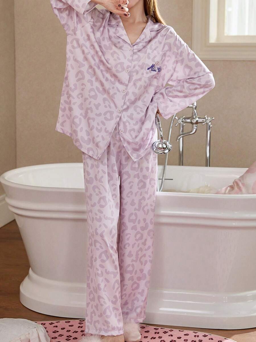 Gongdie 2pcs Disney Marie Cat Spring Long Sleeve Sleepwear Set, 100% Cotton Cartoon Purple Leopard Print Loungewear - Mauve Purple - View 1