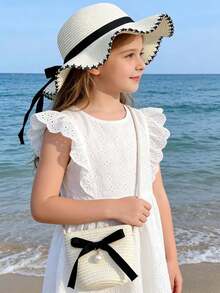 2件套蝴蝶结草编包和帽子，夏季女童大帽檐草帽，户外防晒沙滩公主风蝴蝶结帽 - 彩色 - 查看 3