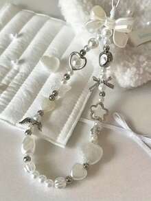 1pc Pure White Angel Heart Beaded Phone Lanyard, Delicate Wrist Chain, Bag Charm - Multicolor - View 2