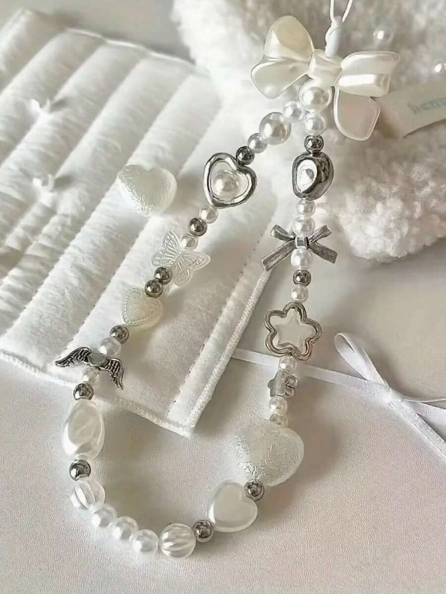 1pc Pure White Angel Heart Beaded Phone Lanyard, Delicate Wrist Chain, Bag Charm