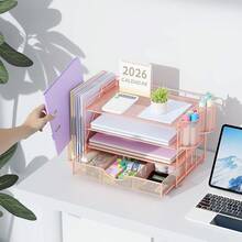 Detachable Four-Tier Desktop Storage Rack/File Holder; Drawer-Style Metal Perforated Storage Rack/File Frame For Archives And Documents; Wrought Iron Metal Desktop Office Supplies Stationery Document Frame; File Rack Storage Shelf; 4-Tier Metal Mesh Office Supplies Paper Organizer; Multi-Layer Desktop File Rack/Wrought Iron Office Stationery Storage Rack. - Sets - View 6
