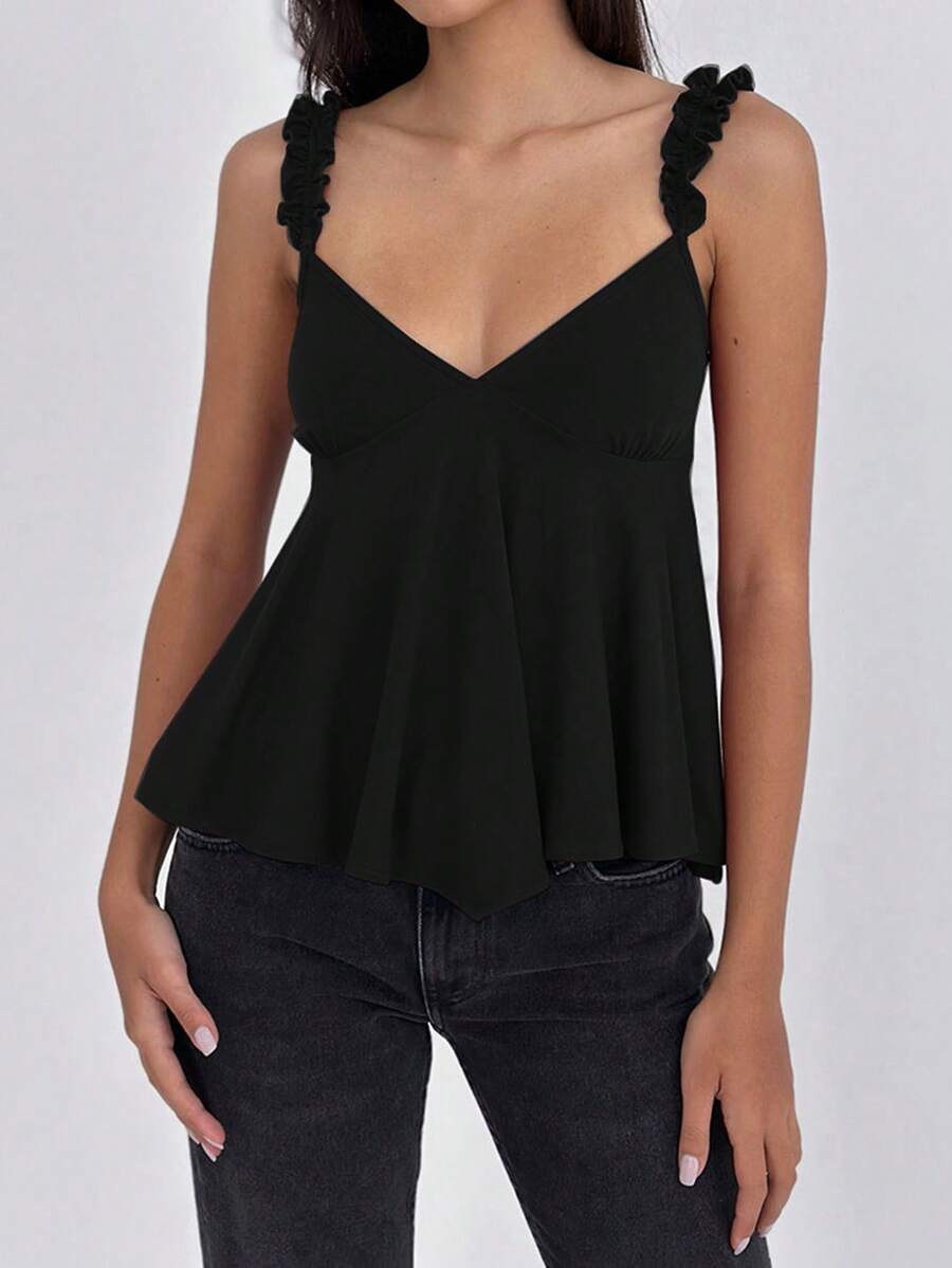 Womens Cami Tops Ruffle Straps V-Neck Backless Solid Summer Flowy Vest For Party Club - Black - View 1