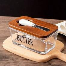 1 Set Acacia Wood Lid Glass Butter Dish. Thick Glass Butter Container With Bamboo Lid, Suitable For Home Kitchen, Large Capacity For Butter/Cookies/Snacks Storage, Ideal As Gift, Christmas Present - View 4