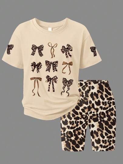 女童豹纹蝴蝶结T恤和豹纹短裤两件套，时尚简约风格两件套，百搭夏季日常穿着