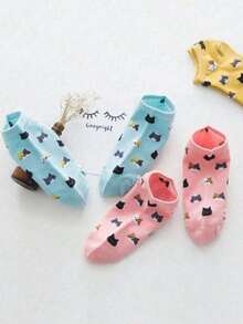 1/5 pares de calcetines cortos de mujer con estampado de gato, calcetines de barco de moda urbana, suaves y duraderos - Multicolor - Ver 6