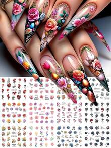 1张12款彩色玫瑰花瓣美甲贴纸，花束植物水转印美甲贴花，春夏水印美甲装饰，婚礼美甲用品，适合女性及节日礼物 - 彩色 - 查看 1