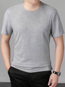 GRDR Summer Waffle Knit Round Neck T-Shirt, Slim Fit Commuter Casual Men's New Breathable Short Sleeve Top - Light Grey - View 3