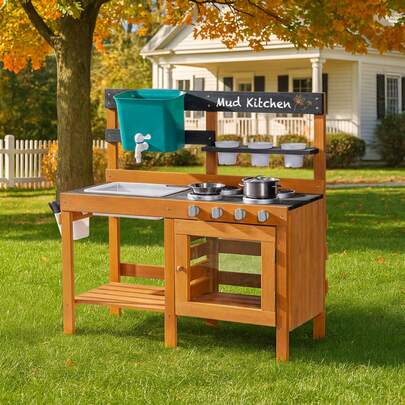  ROBUD Kids Wooden Mud Kitchen With Realistic Sink, Outdoor Play Kitchen Set, Includes Gardening Tools And Simulated Cooking Toys, Outdoor Play For 3+ Children