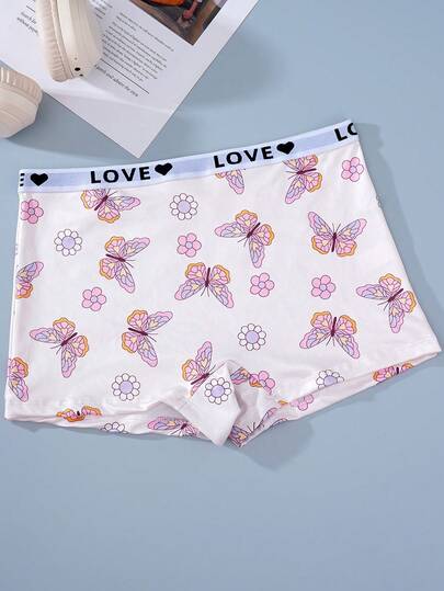 1条女士字母蝴蝶印花舒适平角内裤，防摩擦内裤