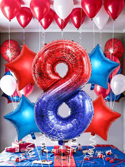 5pcs - 40 Inch Spider Theme Number Balloons, Birthday Numbers 0-9, Giant Ombre Red & Blue Helium Foil Balloons, Spider Web Design, For Spider Hero Theme Birthday Balloons, Boy's Birthday Decor, Baby Shower, Anniversary, Superhero Party