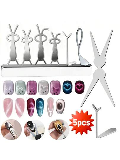 5-Style Cat Eye Nail Art Y-Shaped Cute Lop-Eared Rabbit-Shaped Metal Plate Auxiliary Tool, Non-Electric Elegant French-Style Cat Eye Nail Shaping Accessory Tool Set For Nail Studio Setup