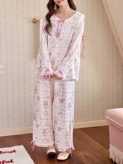  2pcs Disney Marie Cat Print Cotton Long Sleeve Pajama Set For Women, Spring/Summer