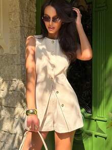 Yuyi Clothing 花卉金属扣无袖连体裤，收腰不对称下摆两件套，复古优雅风格，适合日常通勤、外出和约会，百搭春夏装扮 - 卡其色 - 查看 2