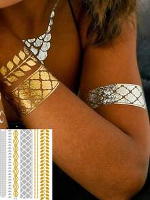 5张金色临时纹身贴纸，银金色金属质感羽毛曼陀罗图案，防水闪光纹身贴纸，适合女性，夏季海滩音乐节派对人体彩绘 - 彩色 - 查看 6