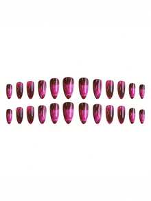 Monina 24pcs Asymmetrical Line Design Watermelon Pink Almond Bubble Wear Fake Nails, Elegant Chic Versatile Fashionable Nails, Ideal Gift For Women - Hot Pink - View 3
