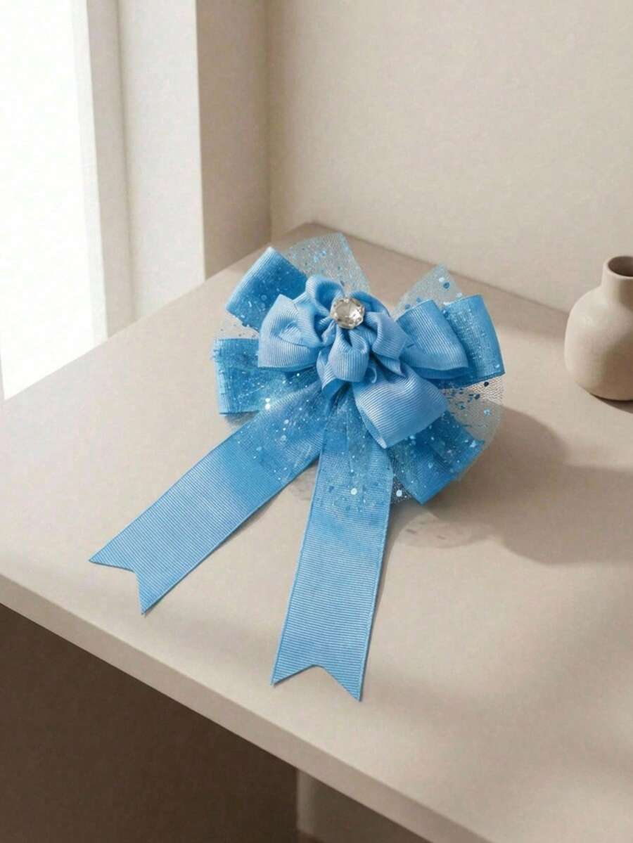 Lazo grande rojo para el cabello con tul brillante y gema central, accesorio decorativo elegante con cintas largas, ideal para niñas y mujer, fiestas, eventos y peinados - Celeste - Ver 1