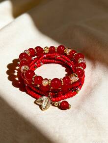 Set de 4 piezas de pulseras de joyería con cuentas de mijo - Rojo - Ver 5