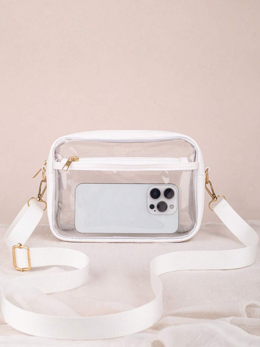 1pc See-Through Crossbody Bag, Can Hold Daily Essentials, Black Trimmed See-Through Organizer Pouch, Lightweight & Fashionable, Suitable For Storing Cosmetics, Glasses And Other Items - White - View 1